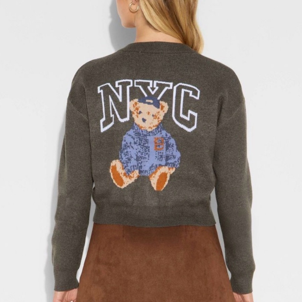 Y2K Dark Academia NYC Bear Cropped Cardigan Preppy Varsity Grayson Threads L A24